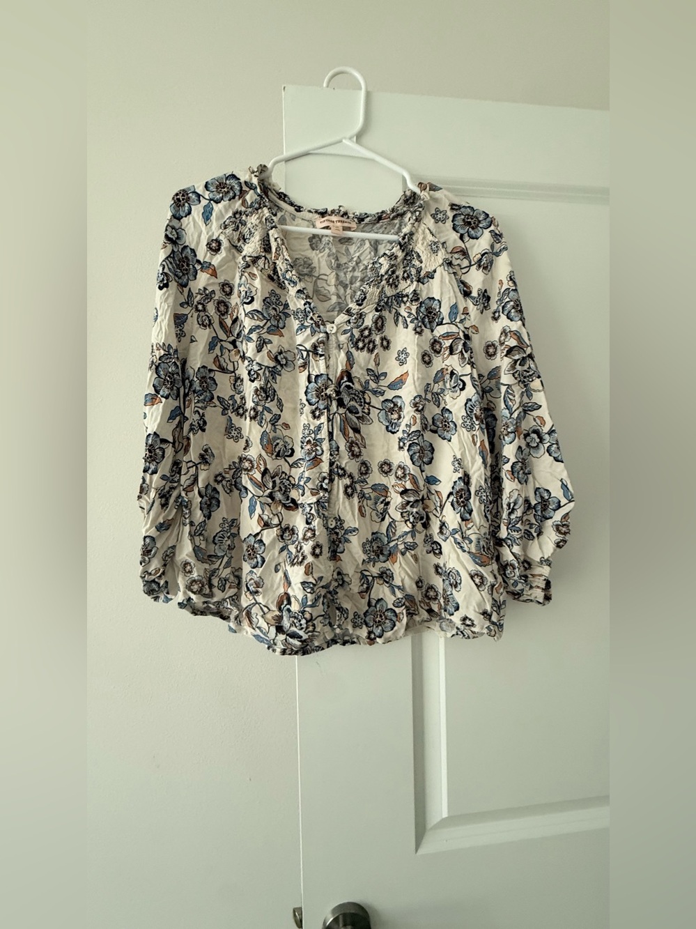 Boho Floral Blouse - Cream with Blue & Brown Floral Print